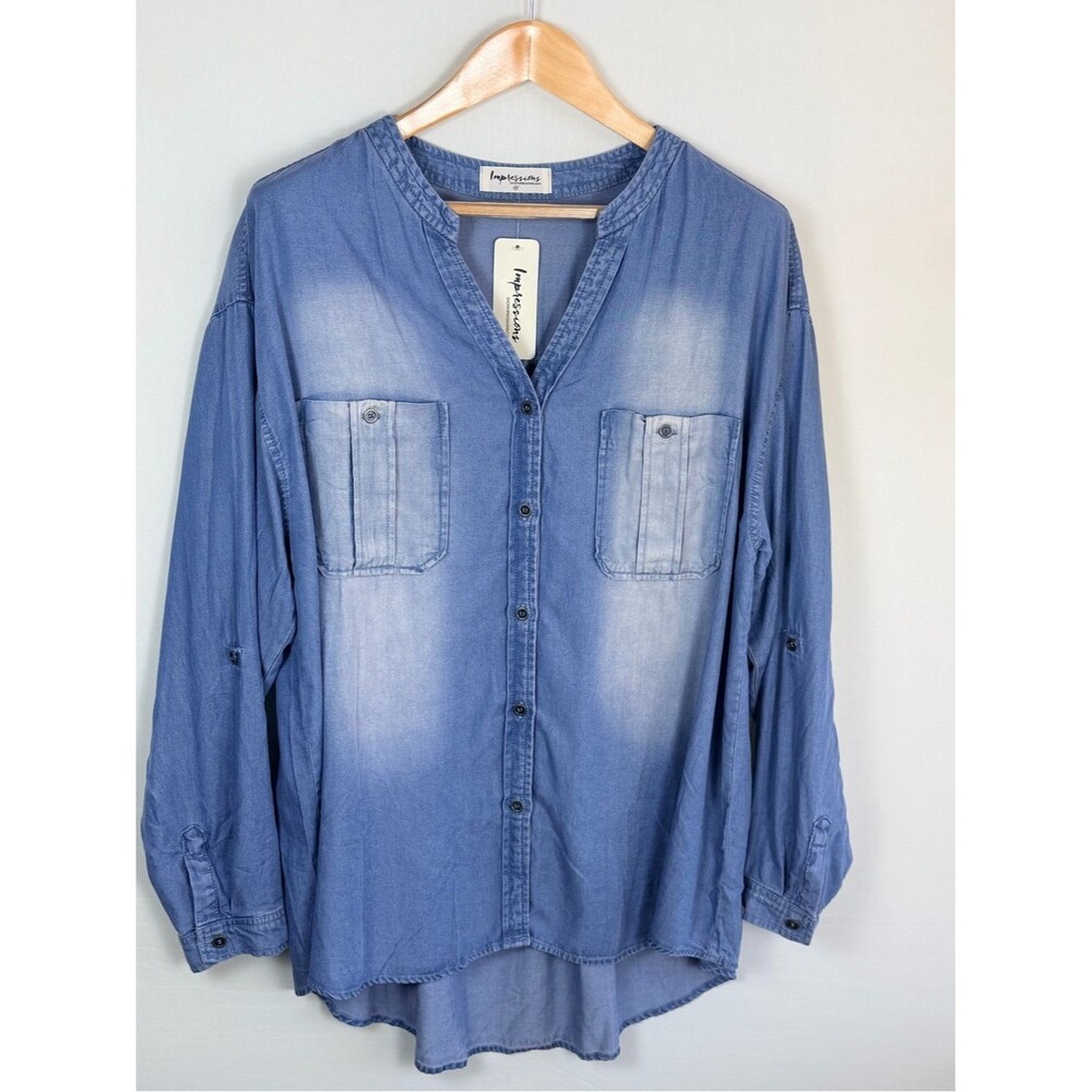 Impressions 100% Lyocell Chambray Button Front Tunic Top 3X